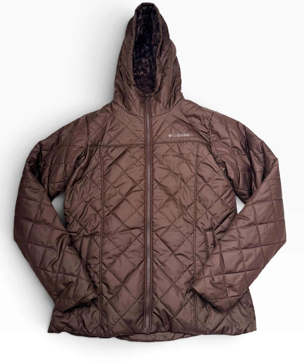 Columbia Women’s Brown Quilted Hooded Jacket Faux Fur Lined Full Zip Coat Medium